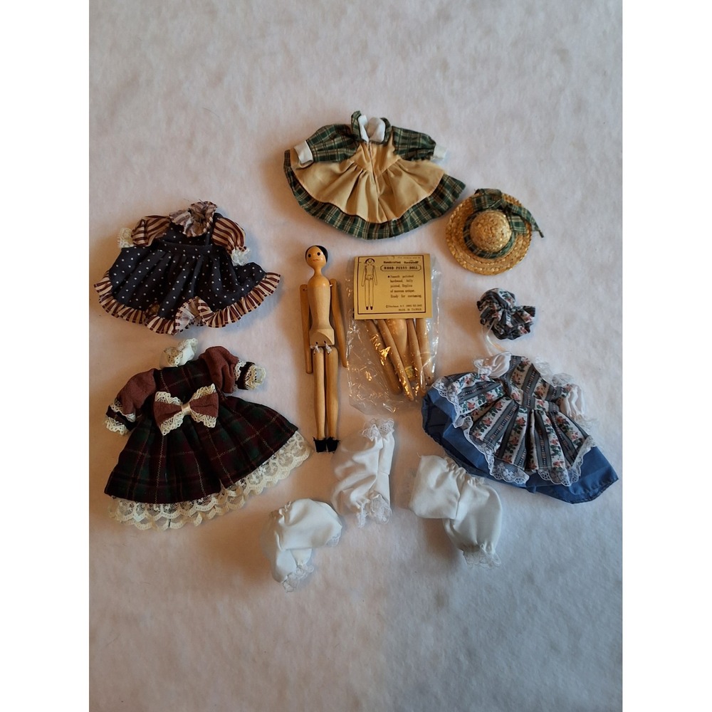 Vintage Shackman Handcrafted Wood Penny Doll Set with Clothes and Accessories